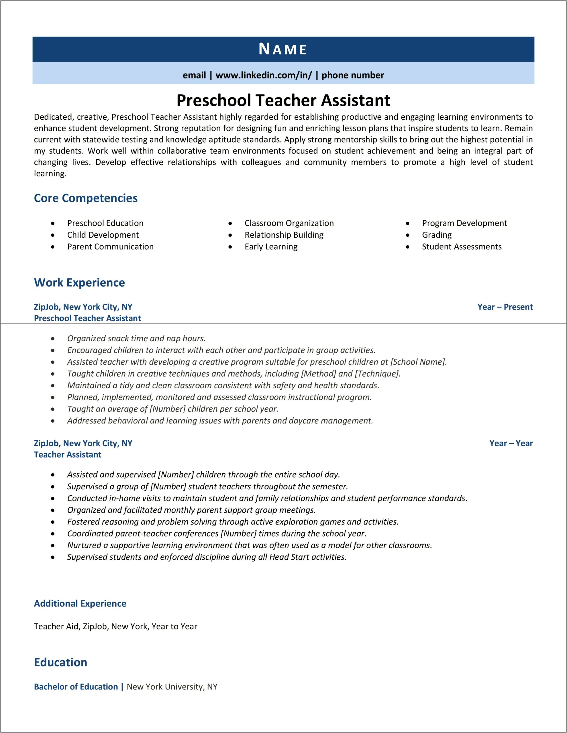 Free Resume Samples For Teacher Assistant