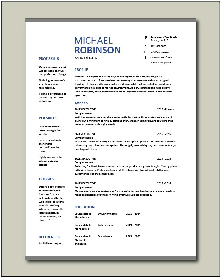Free Resume Template For Sales Executive