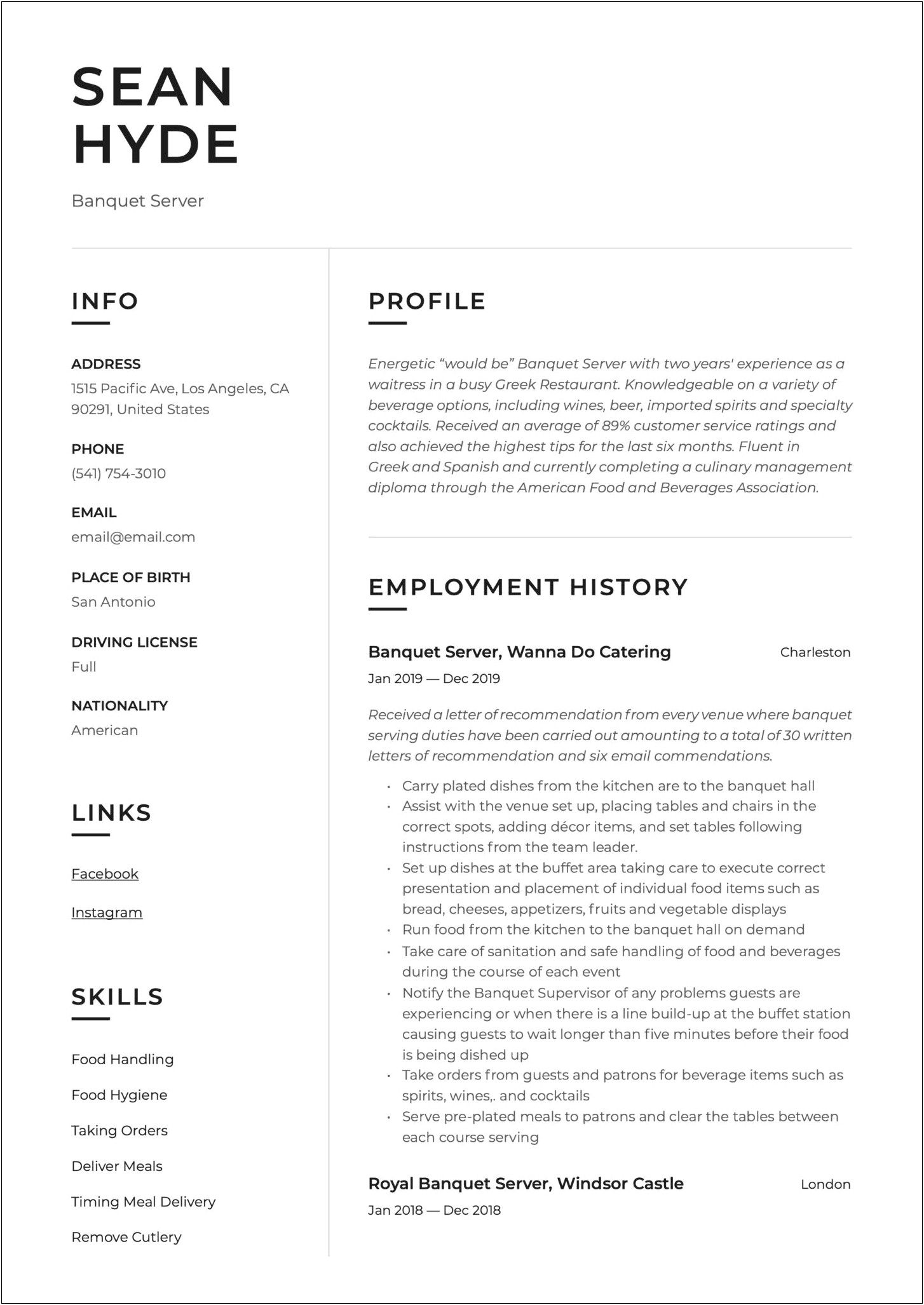Free Resume Templates For Banquet Server