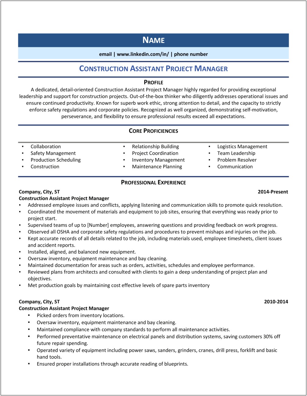 Free Resume Templates For Construction Project Manager