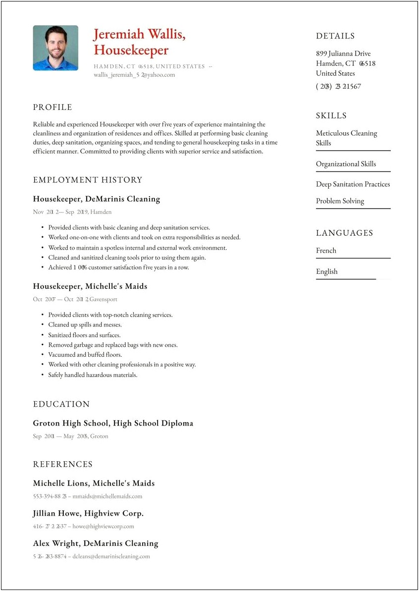 Free Resume Templates For House Keeping