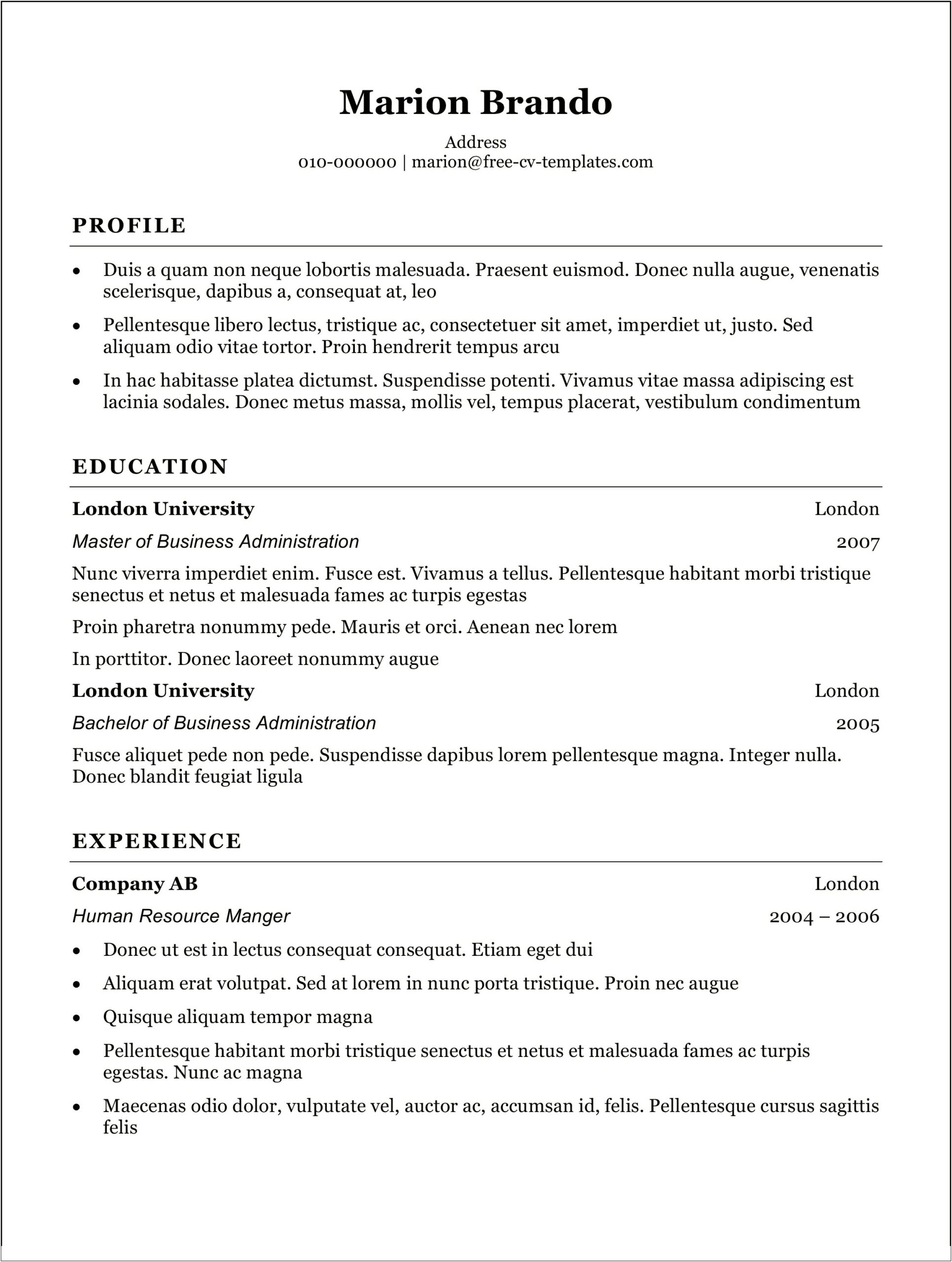 Free Resume Templates In Word 2007