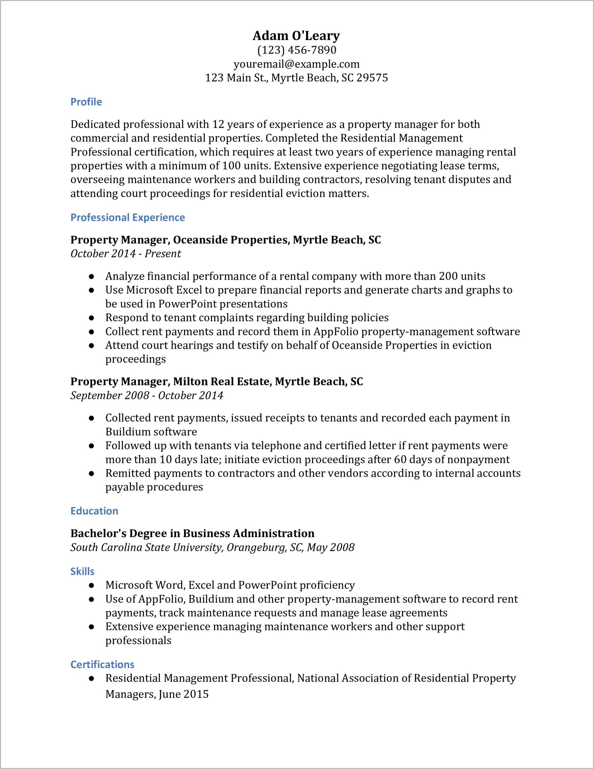 Free Sample Assistant Property Manager Resume