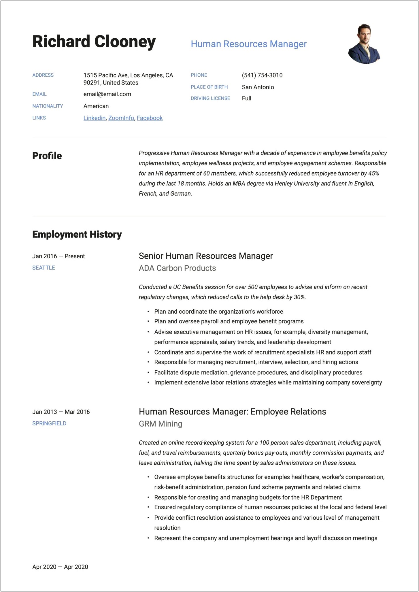 Free Sample Human Resources Generalist Resume