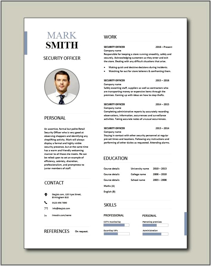 Free Sample Of Resume For Security Guard