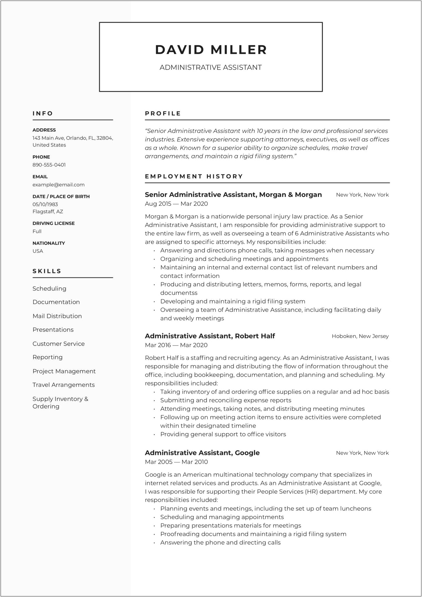 Free Sample Resume For Administrative Assistant Position