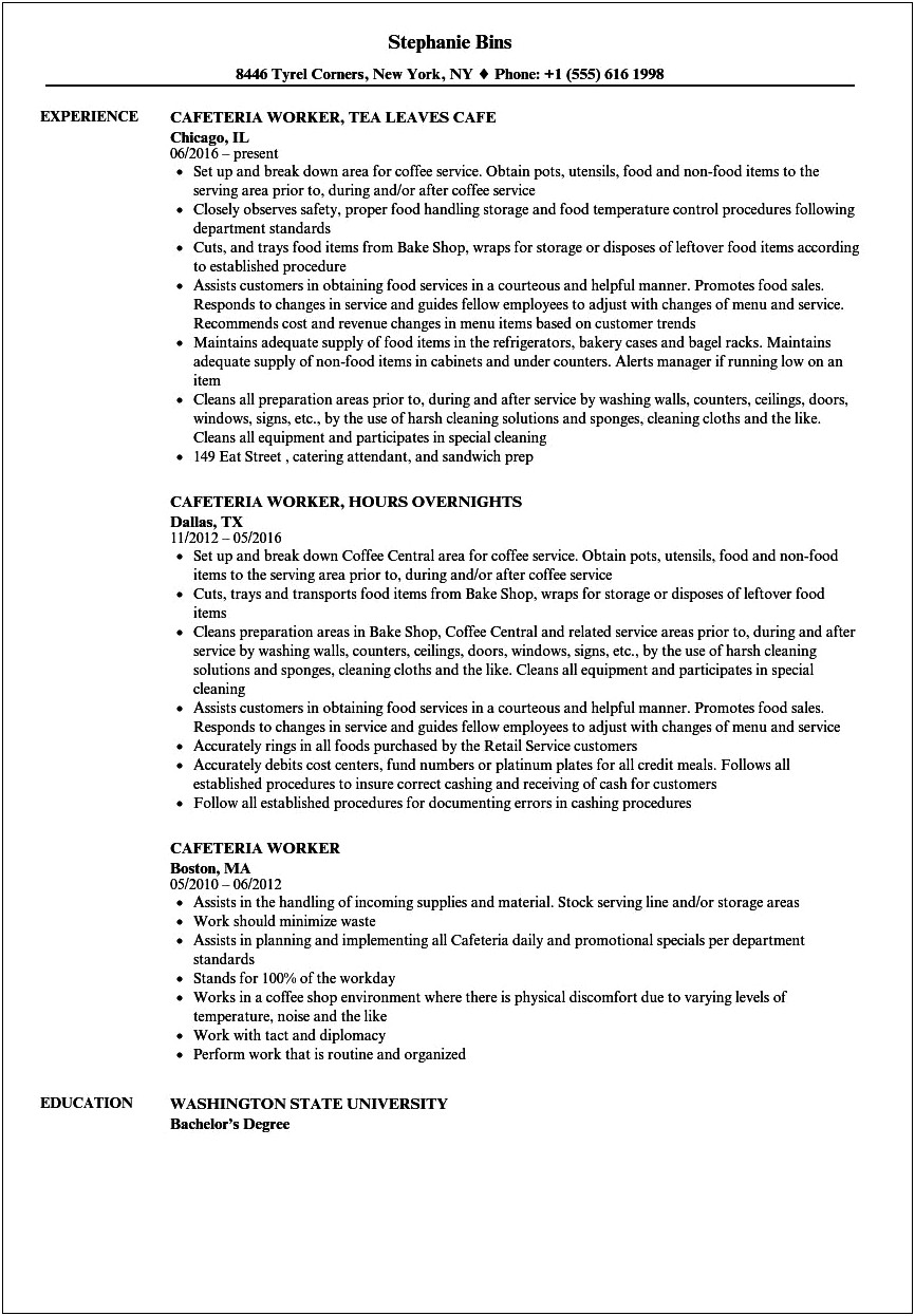 Free Sample Resume For Cafeteria Worker