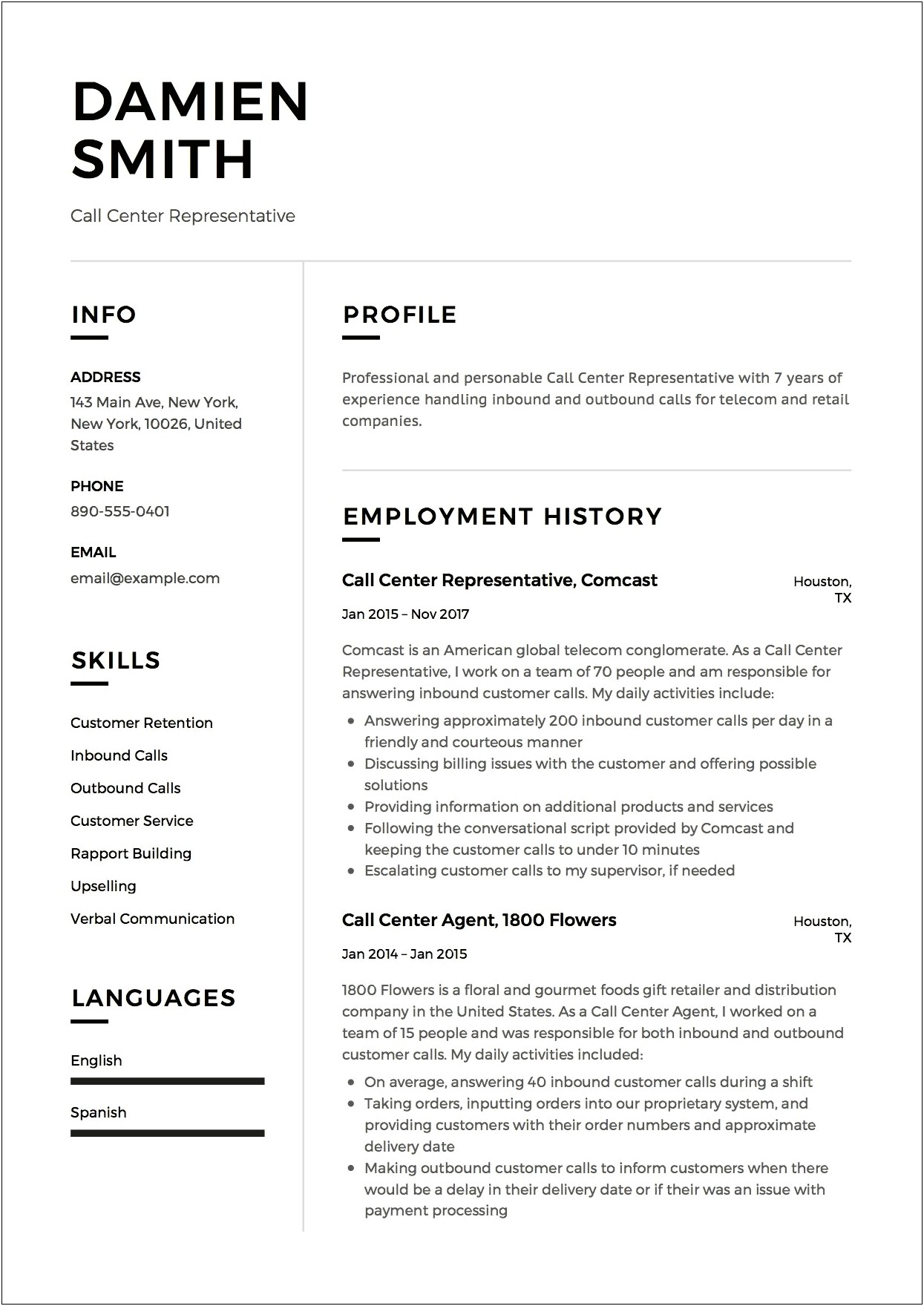 Free Sample Resume For Call Center Manager