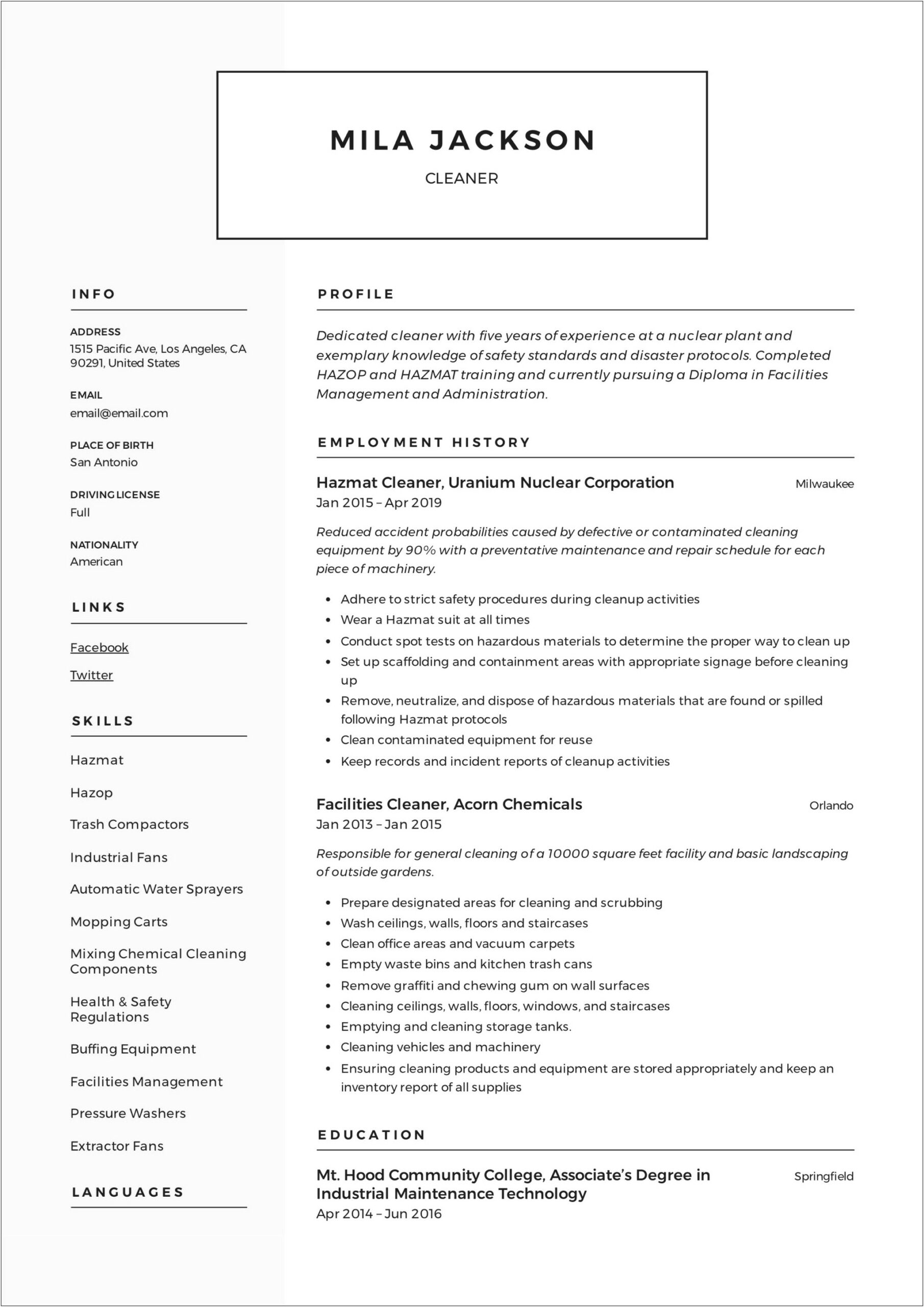 Free Sample Resume For Cleaning Service