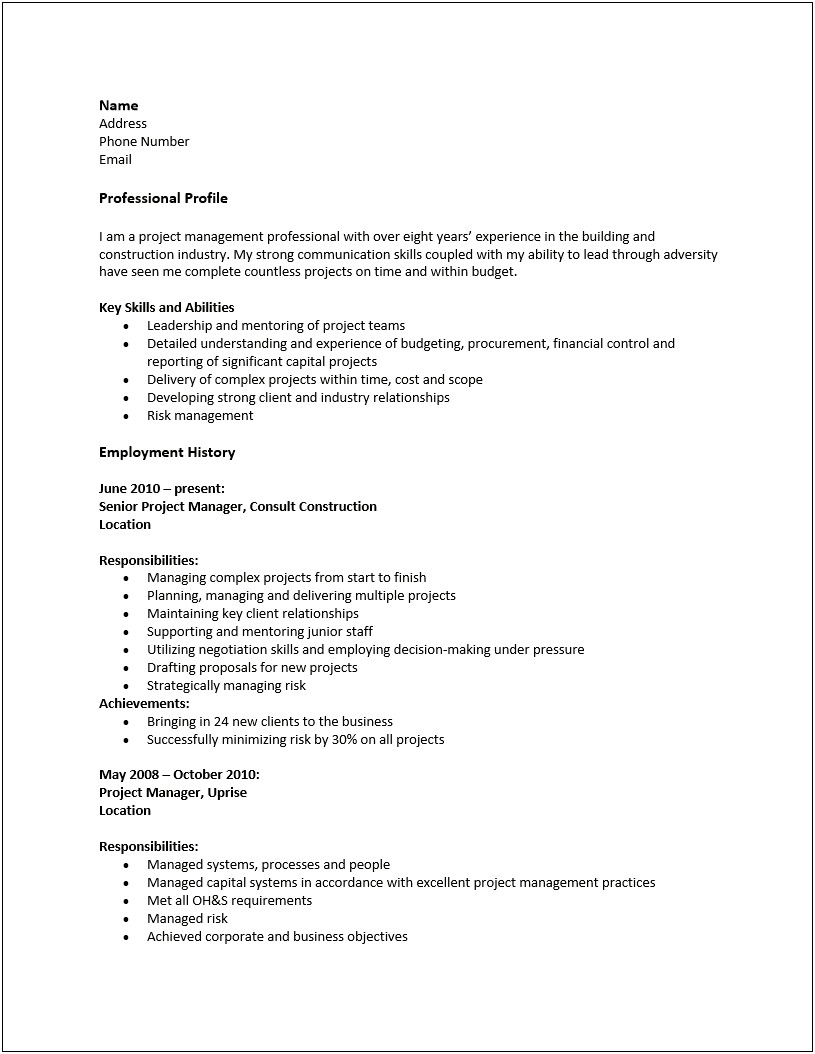Free Sample Resume For Construction Project Manager