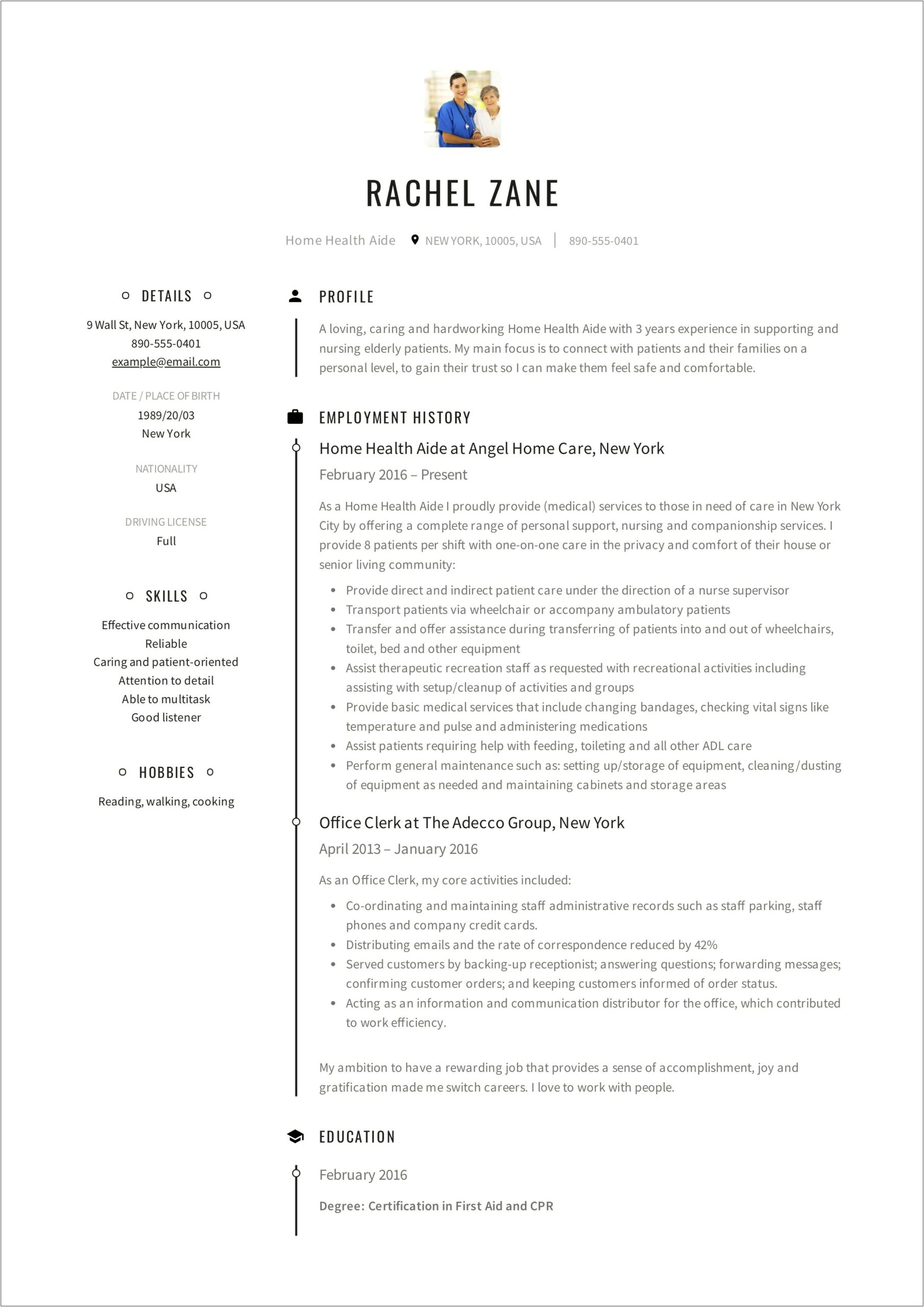 Free Sample Resume For Health Care Aide