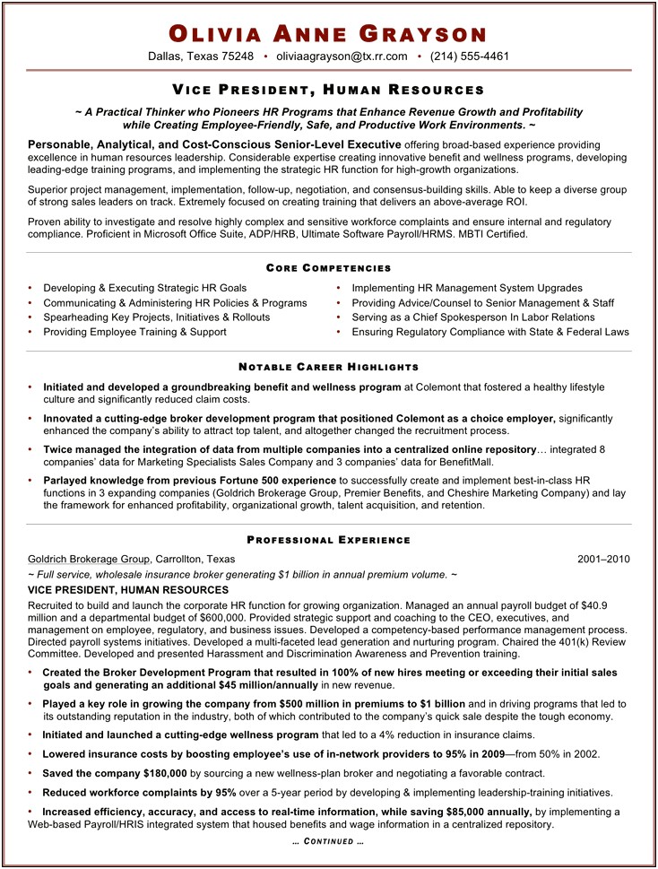 Free Sample Resume For Human Resource Manager