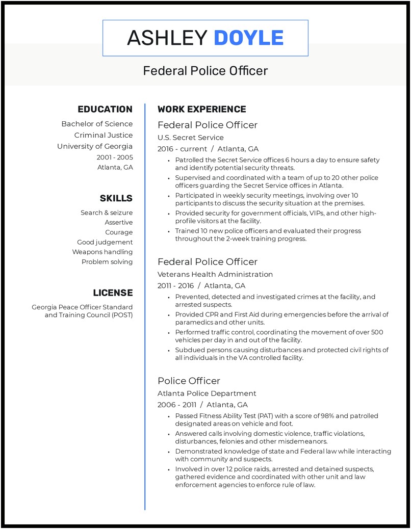 Free Sample Resume For Police Officer
