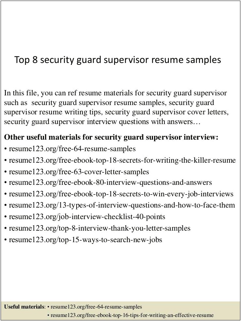 Free Sample Resume For Security Guard
