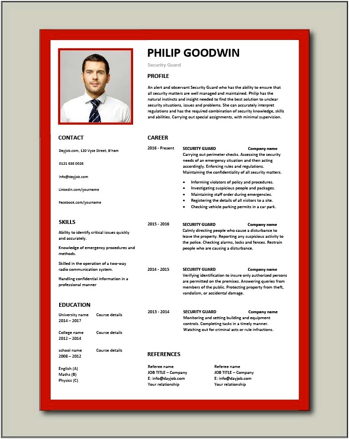 Free Sample Resume For Security Supervisor