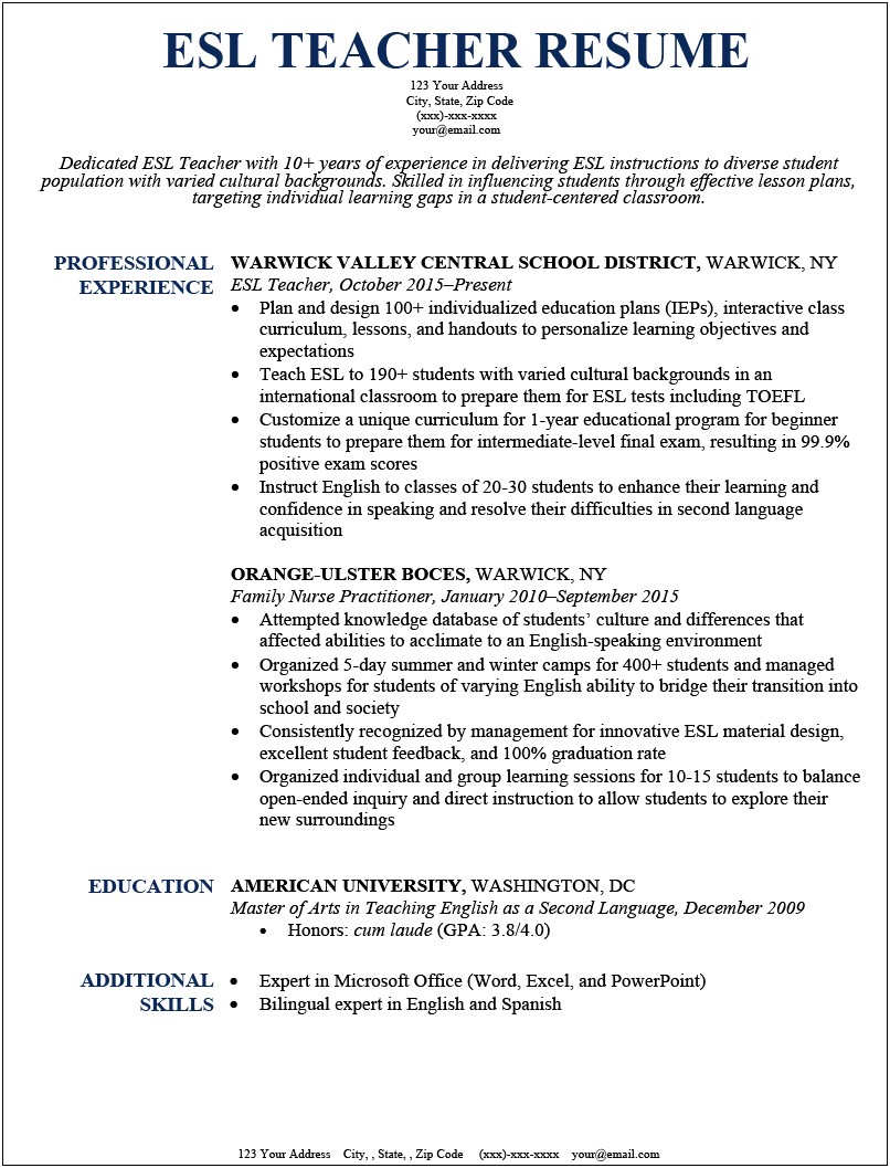 Free Sample Resume For Teachers With Experience