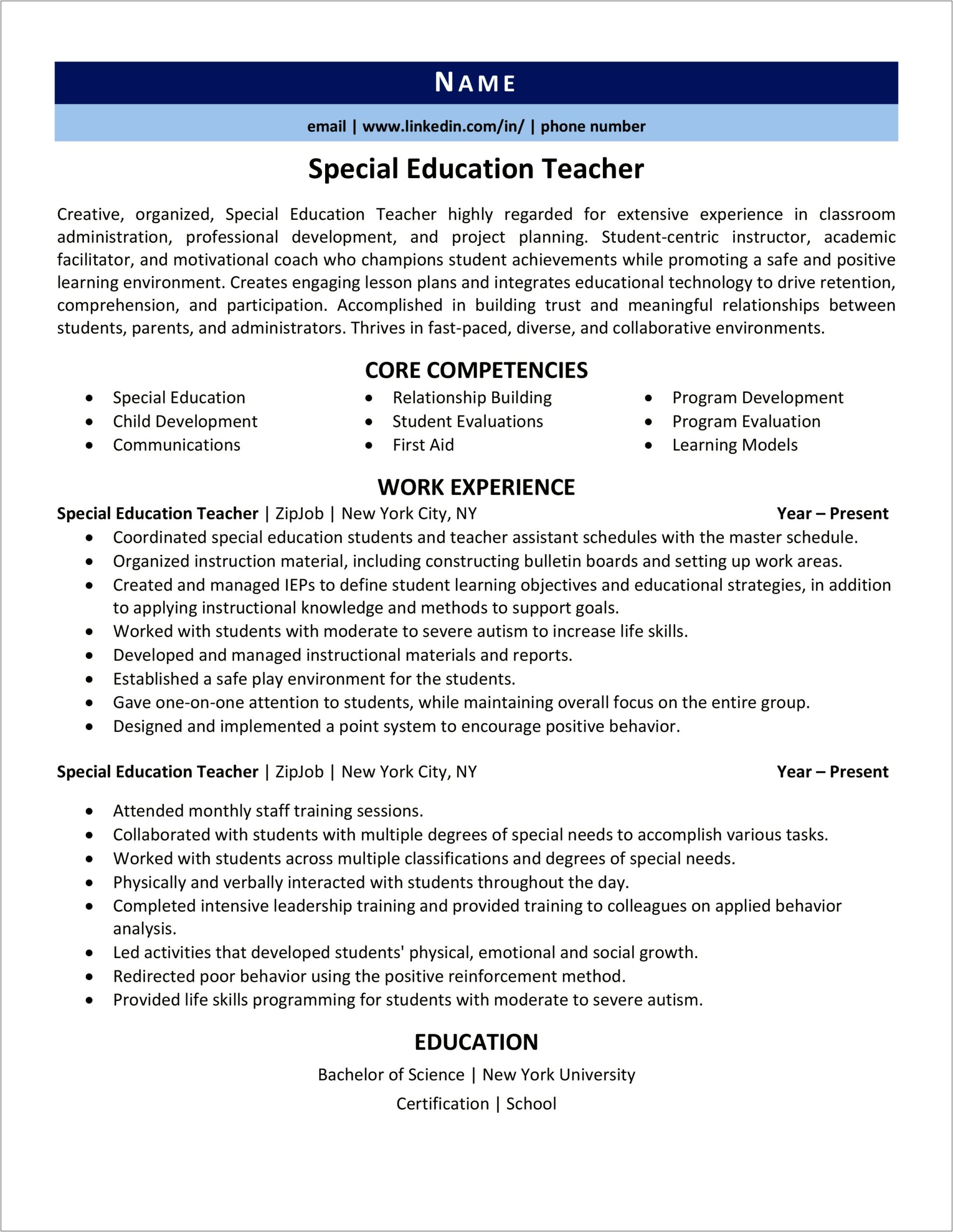 Free Sample Resume Special Education Teacher