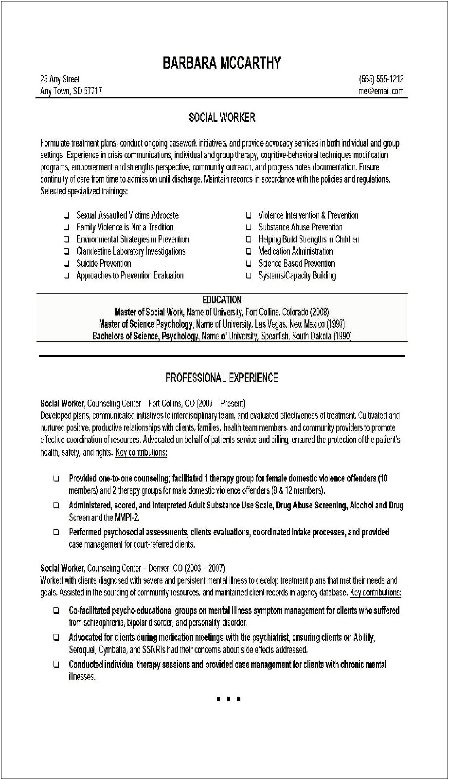 Free Templete For A Social Work Resume