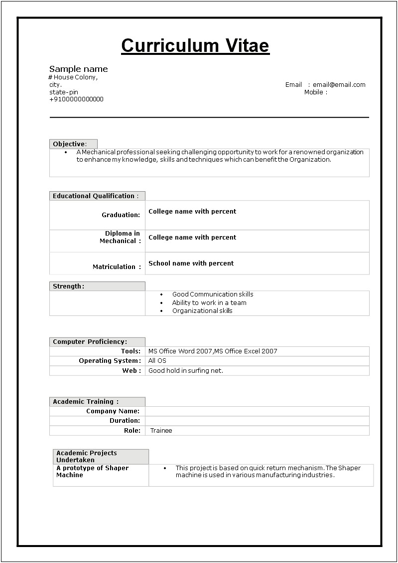 Fresher Resume Format Download In Ms Word 2007