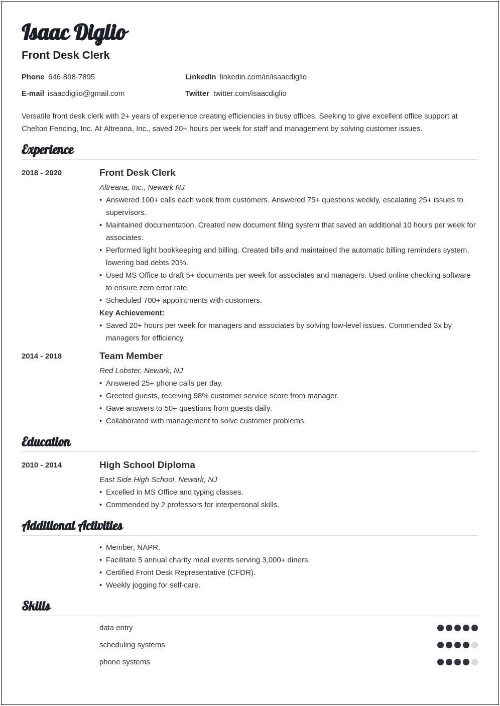 Front Desk Agent Skills And Abilities Resume