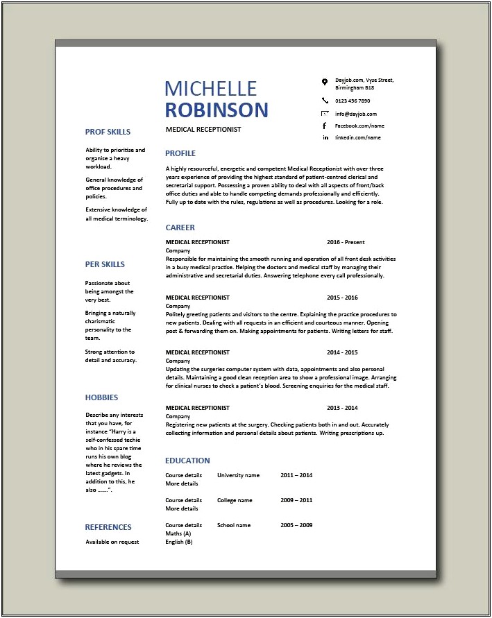 Front Desk Medical Receptionist Sample Resume
