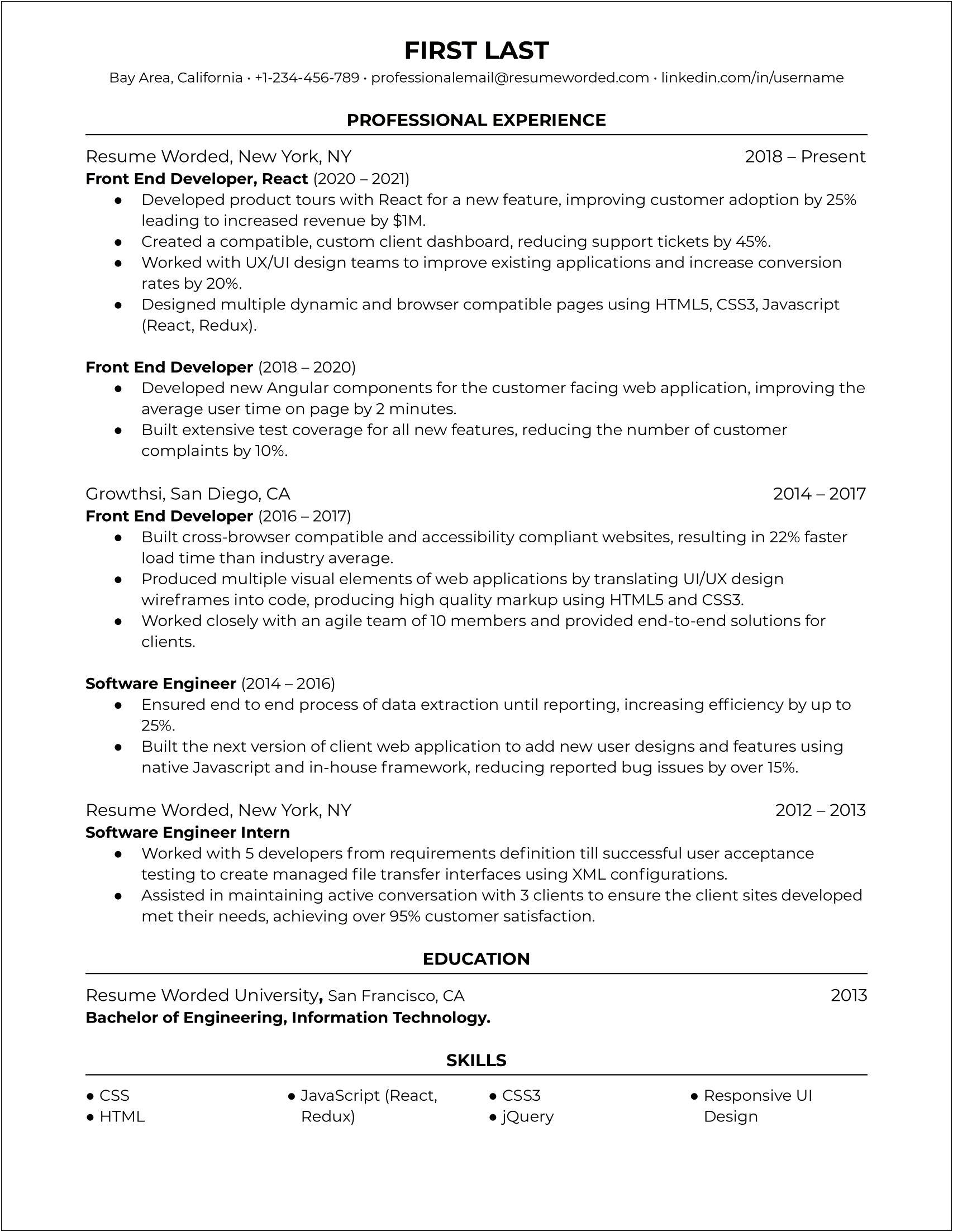 Front End Developer 1 Year Experience Resume