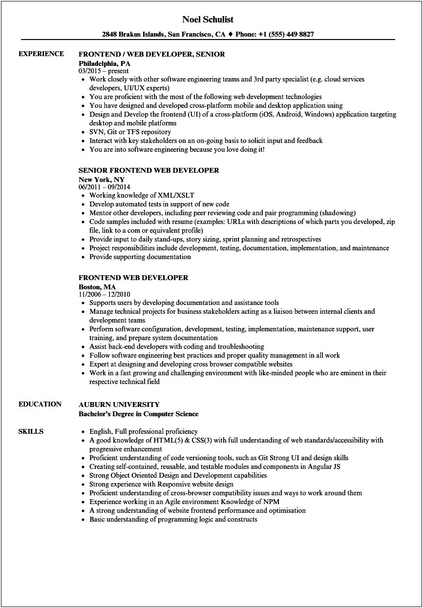 Front End Web Developer Experience Resume