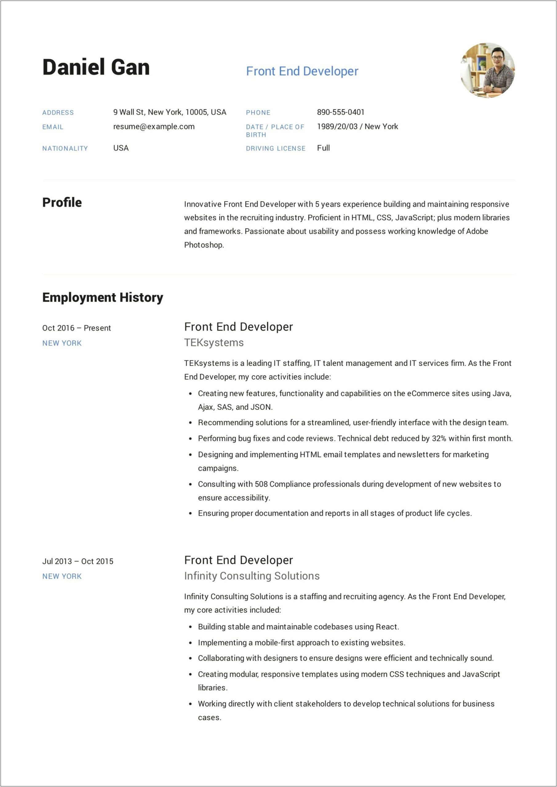 Front End Web Developer Sample Resume