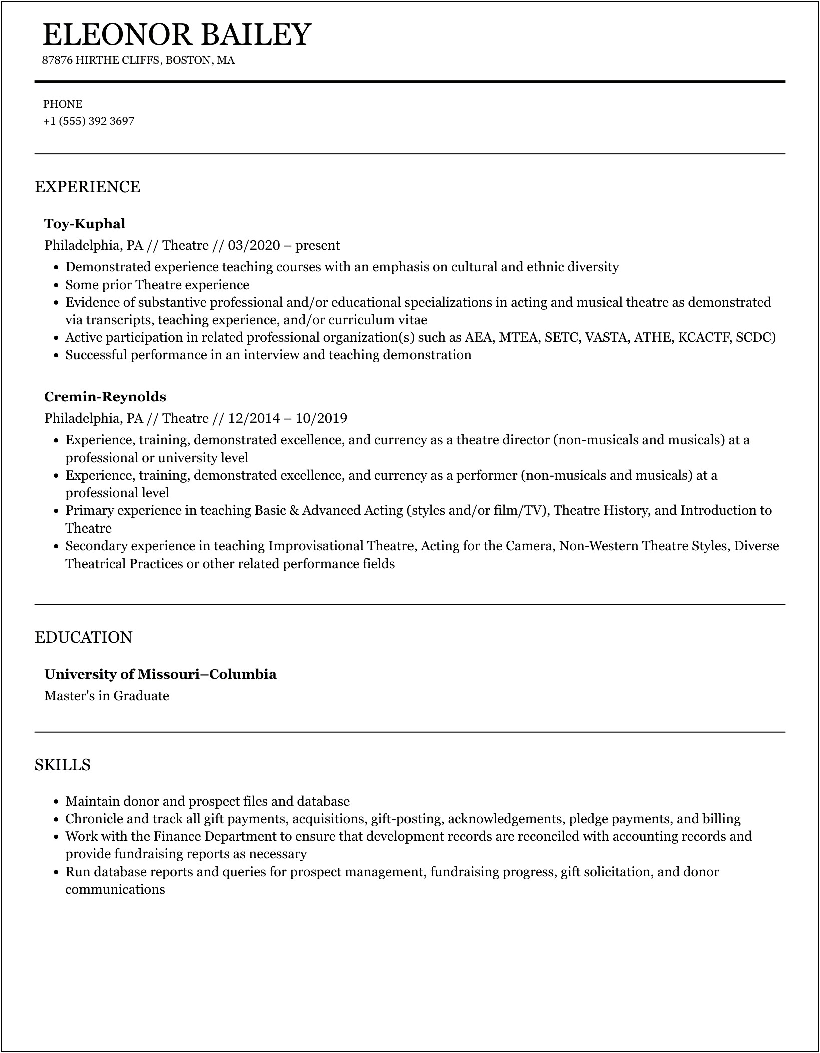 Front Of House Management Theatre Resume