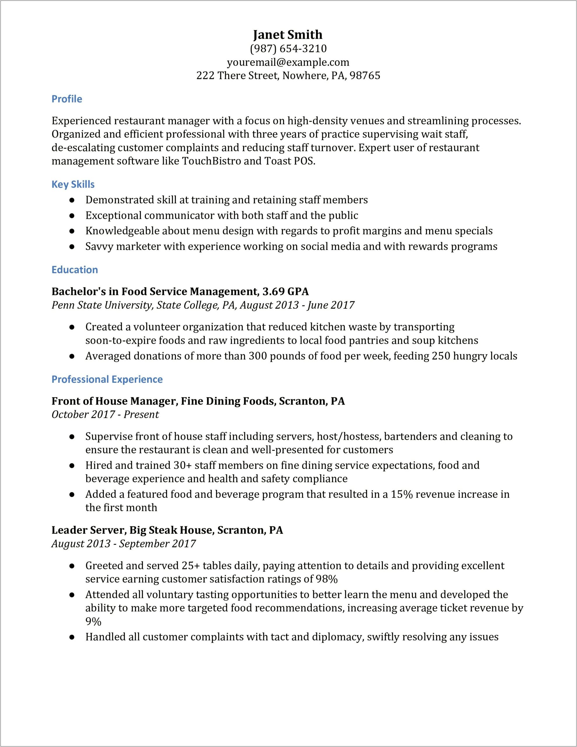 Front Of House Manager Resume Template