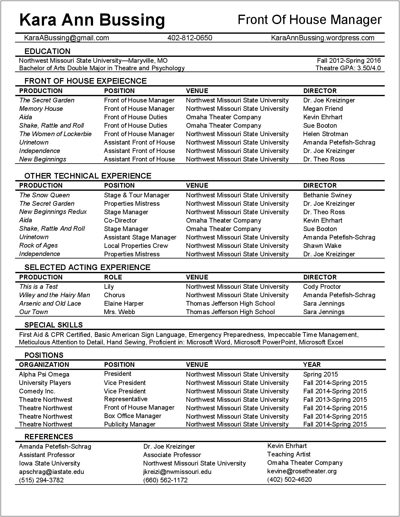 Front Of House Manager Theater Resume