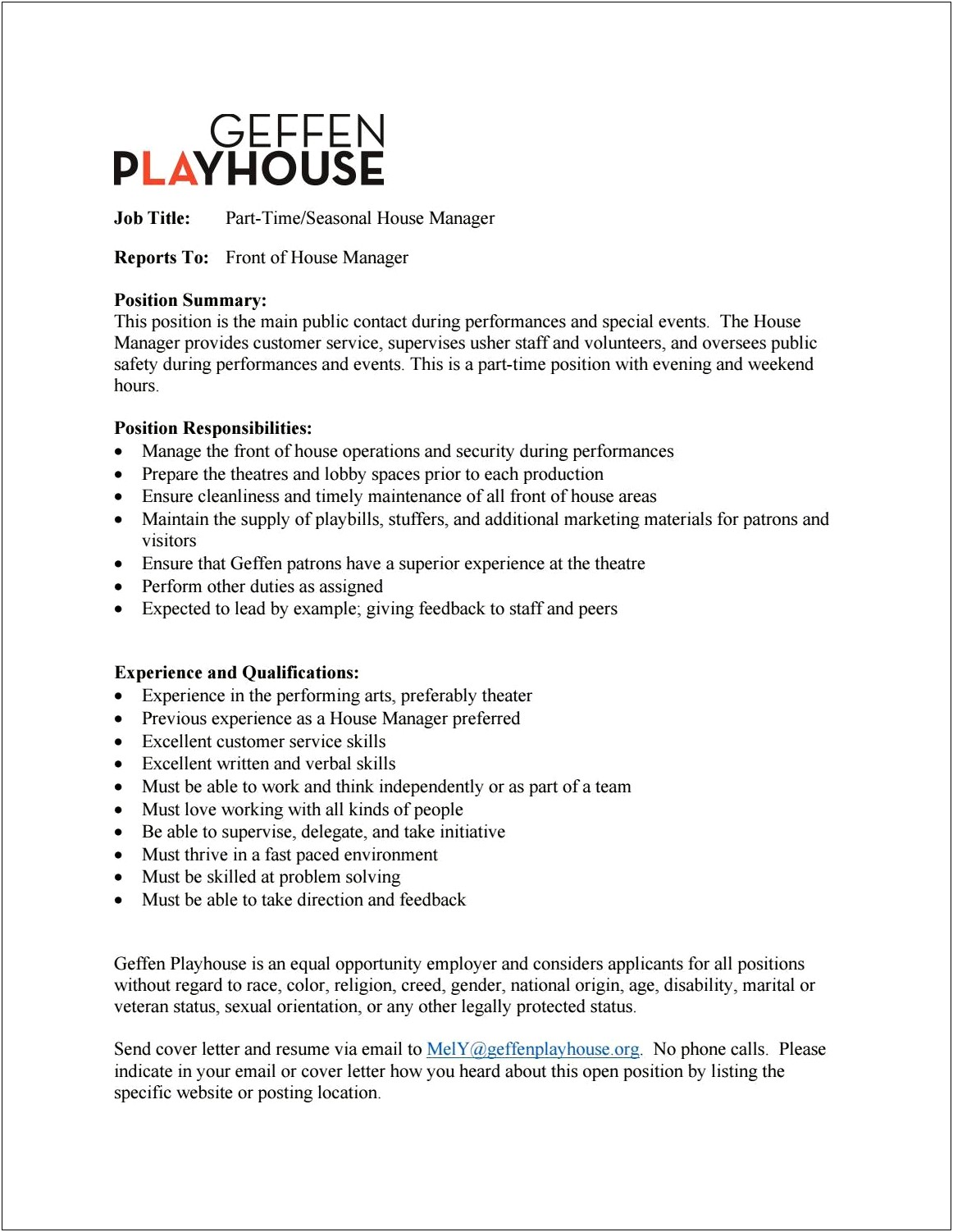 Front Of The House Manager Job Title Resume