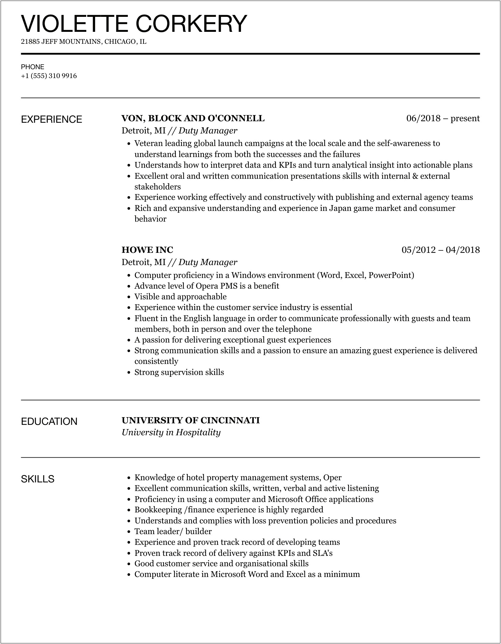 Front Office Duty Manager Resume Sample