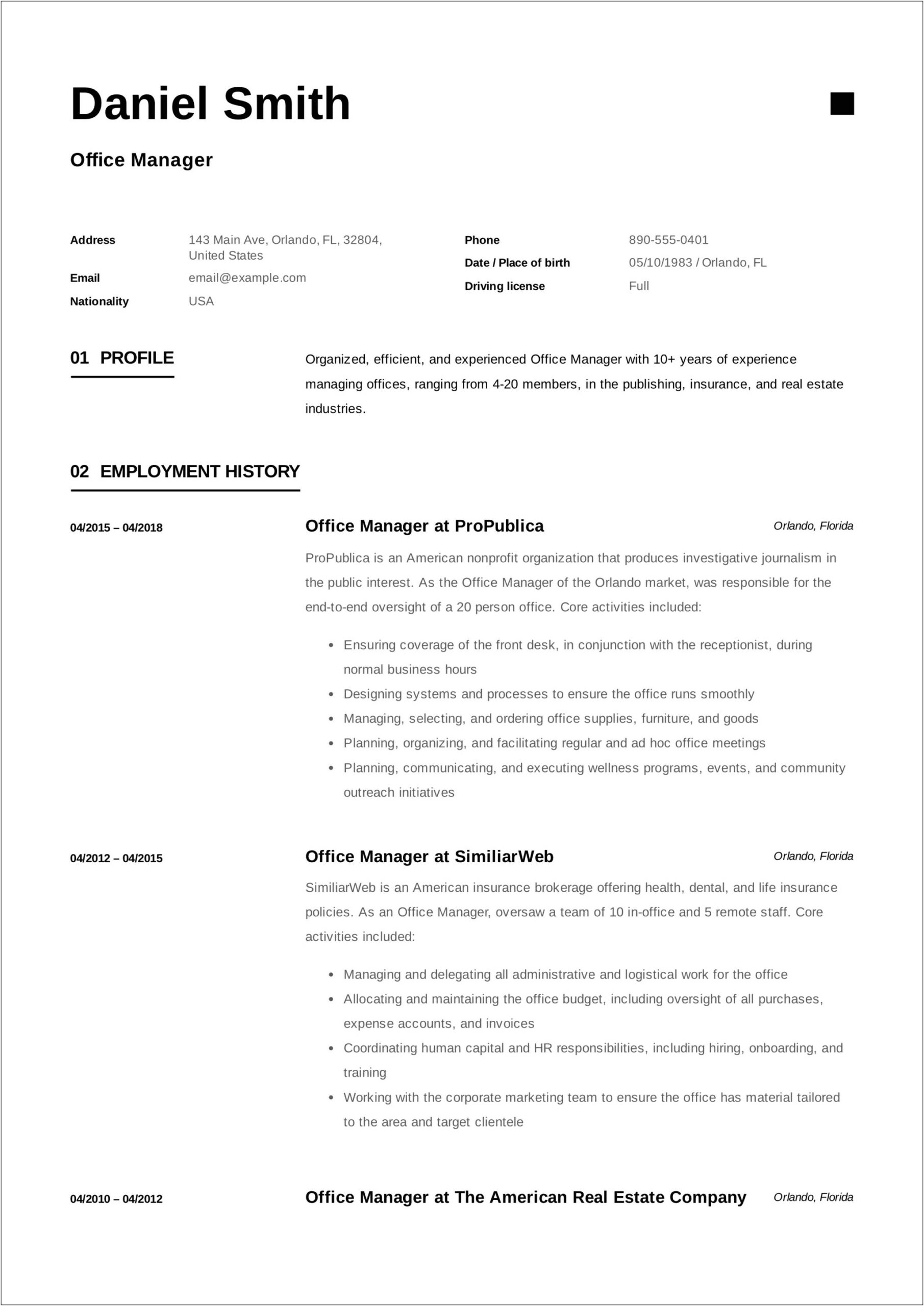 Front Office Manager Job Resume Sample