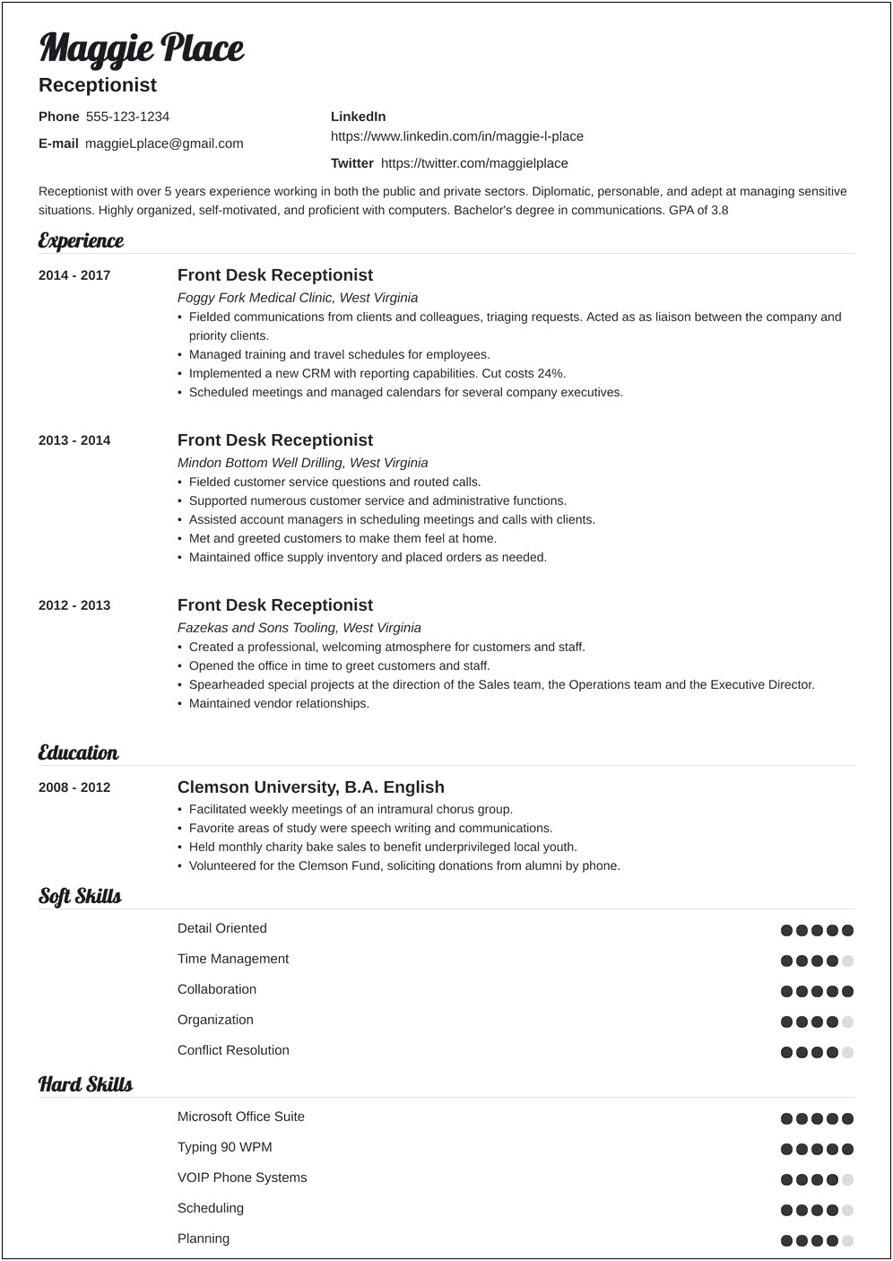 Front Office Receptionist Job Description Resume