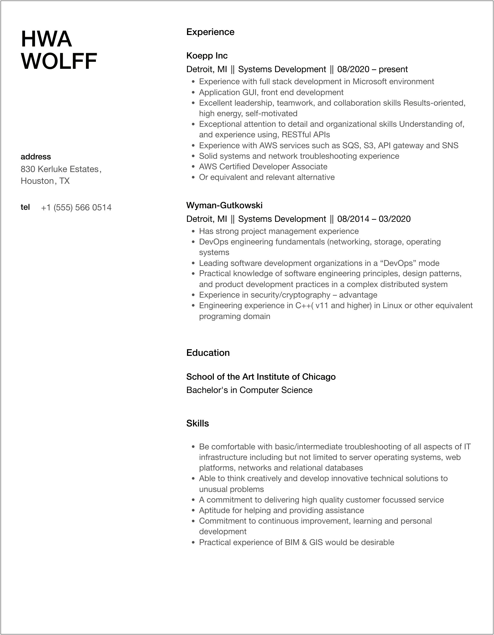Full Development Life Cycle Experience Resume