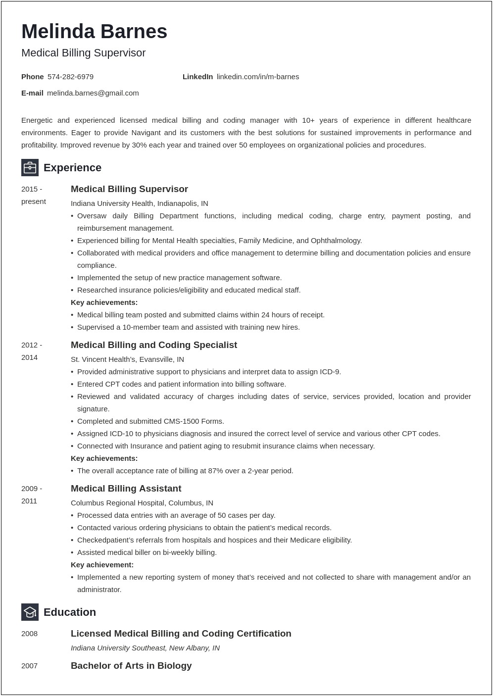 Functional Medical Coding And Billing Specialist Resume Sample