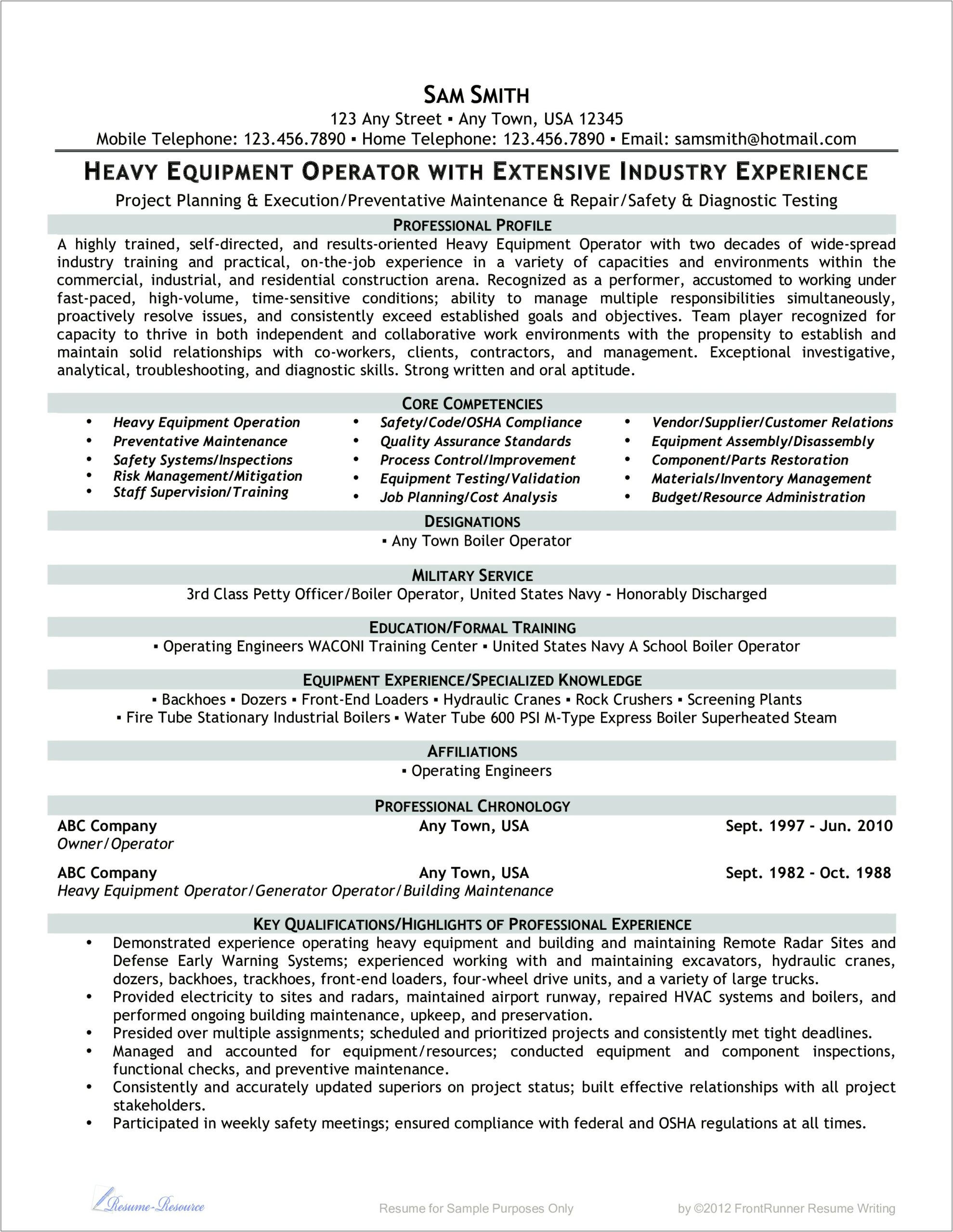 Functional Resume Examples For Heavy Equipment Operator