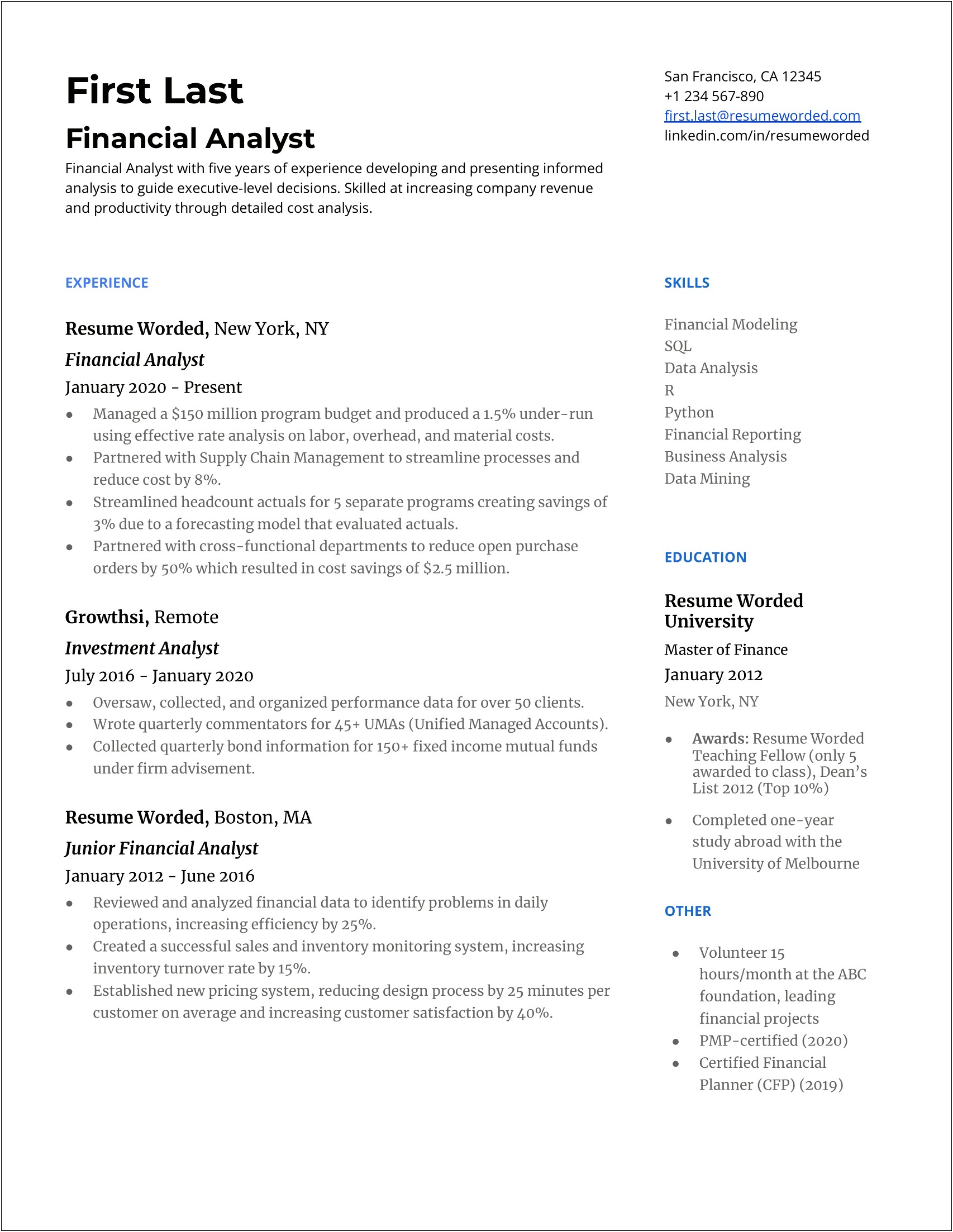 Functional Resume Sample For Financial Analyst