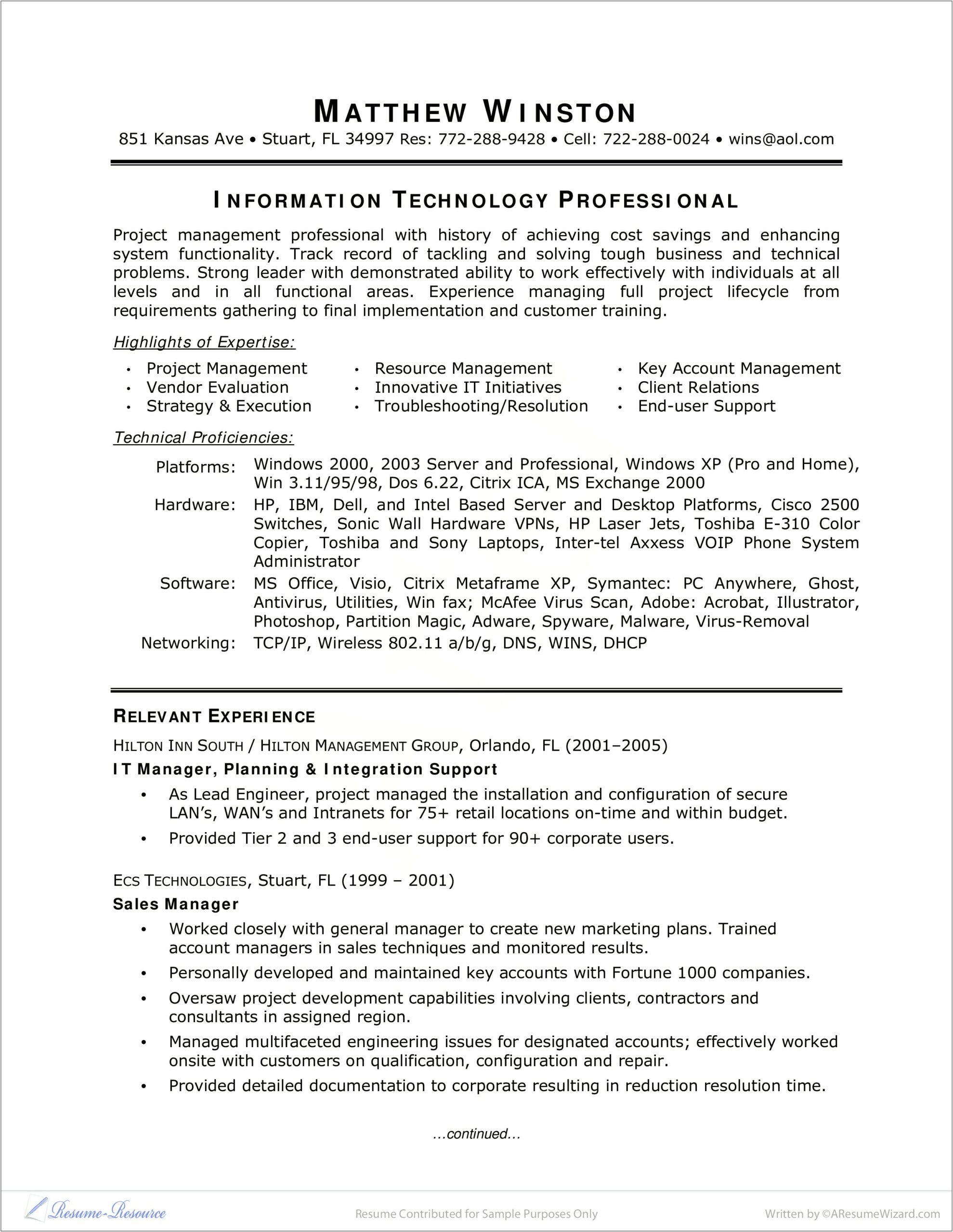 Functional Resume Sample For Information Technology