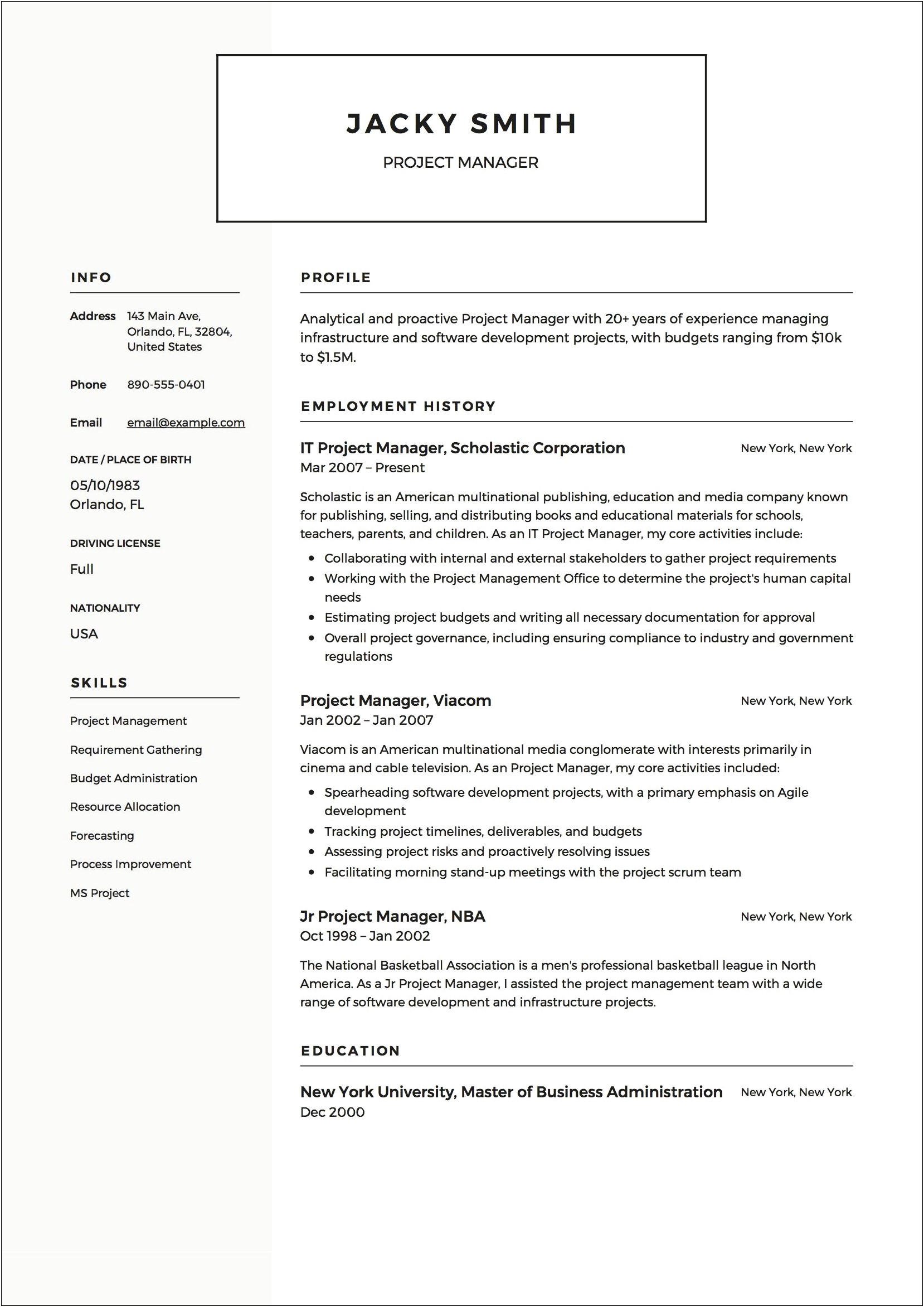 Functional Resume Samples For Project Management