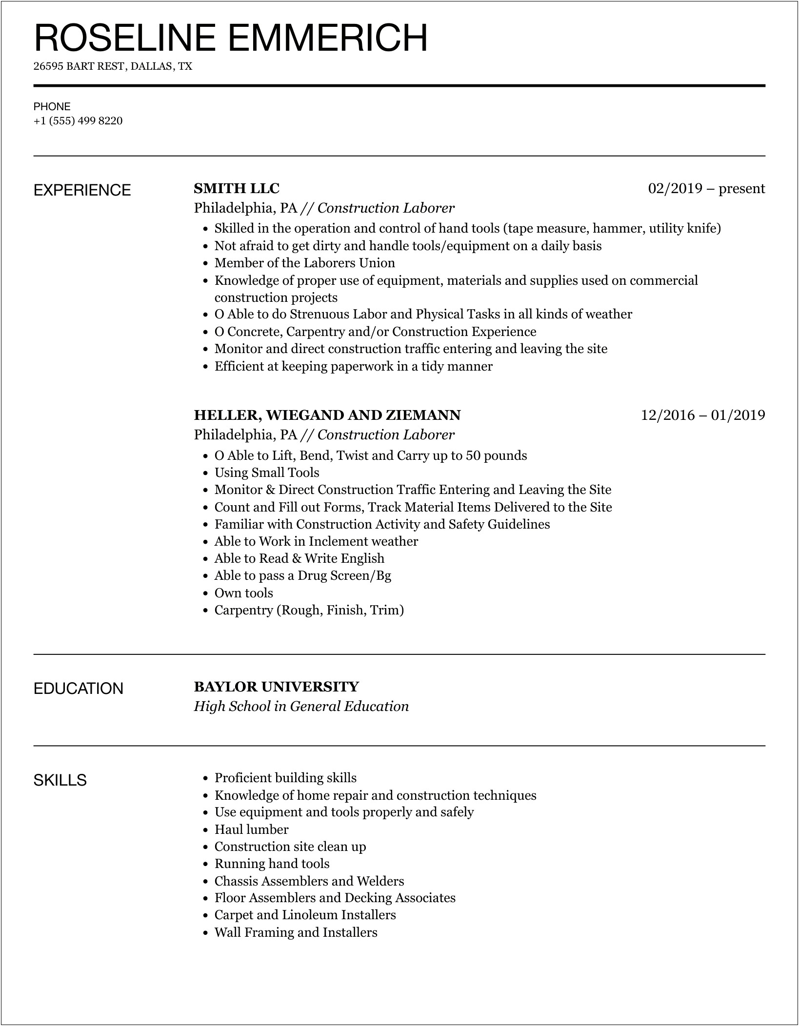 Gas Line Construction Laborer Resume Cover Letter Examples