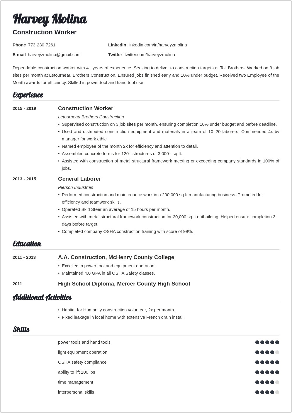 General Construction Resume Examples Entry Level