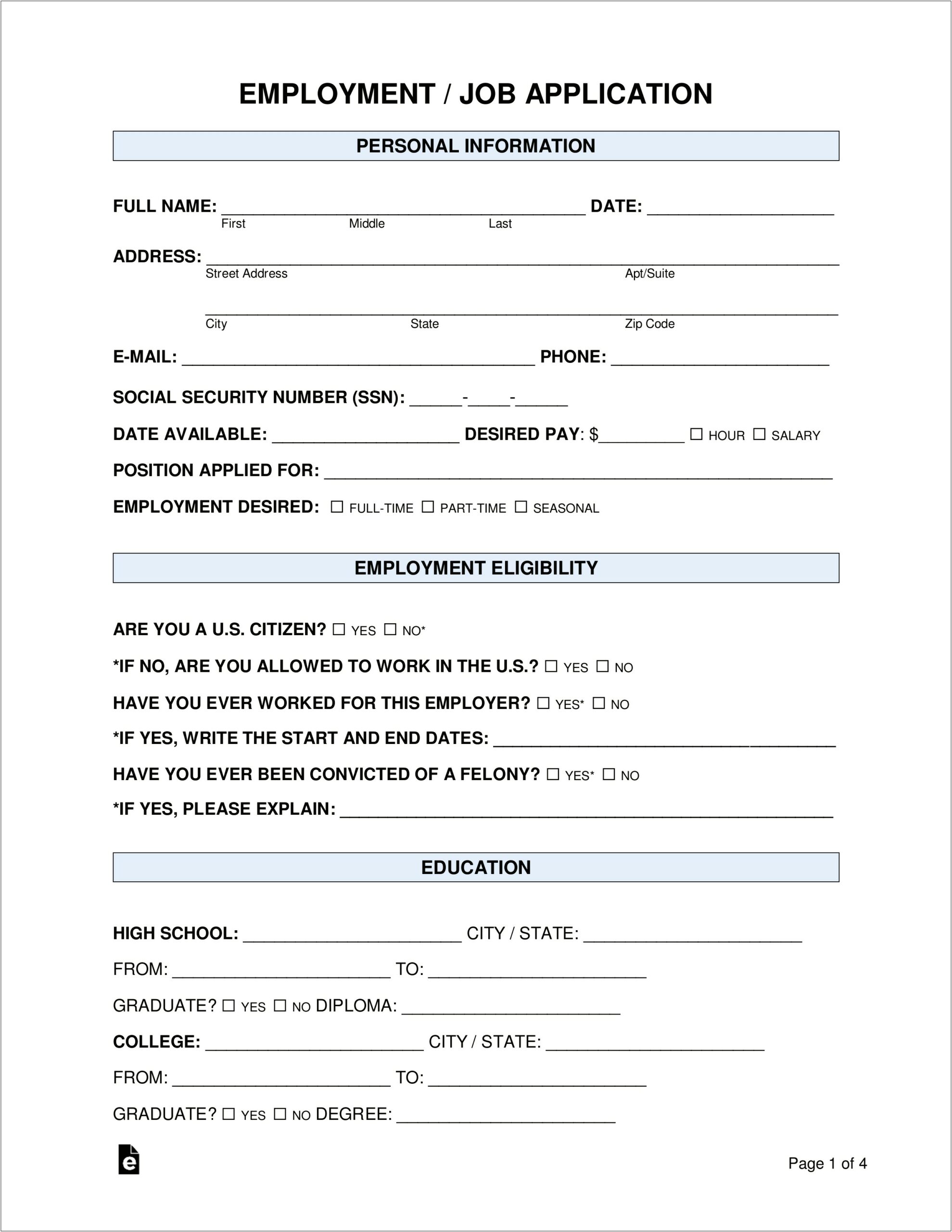 General Job Application Printable Blank Resume Form