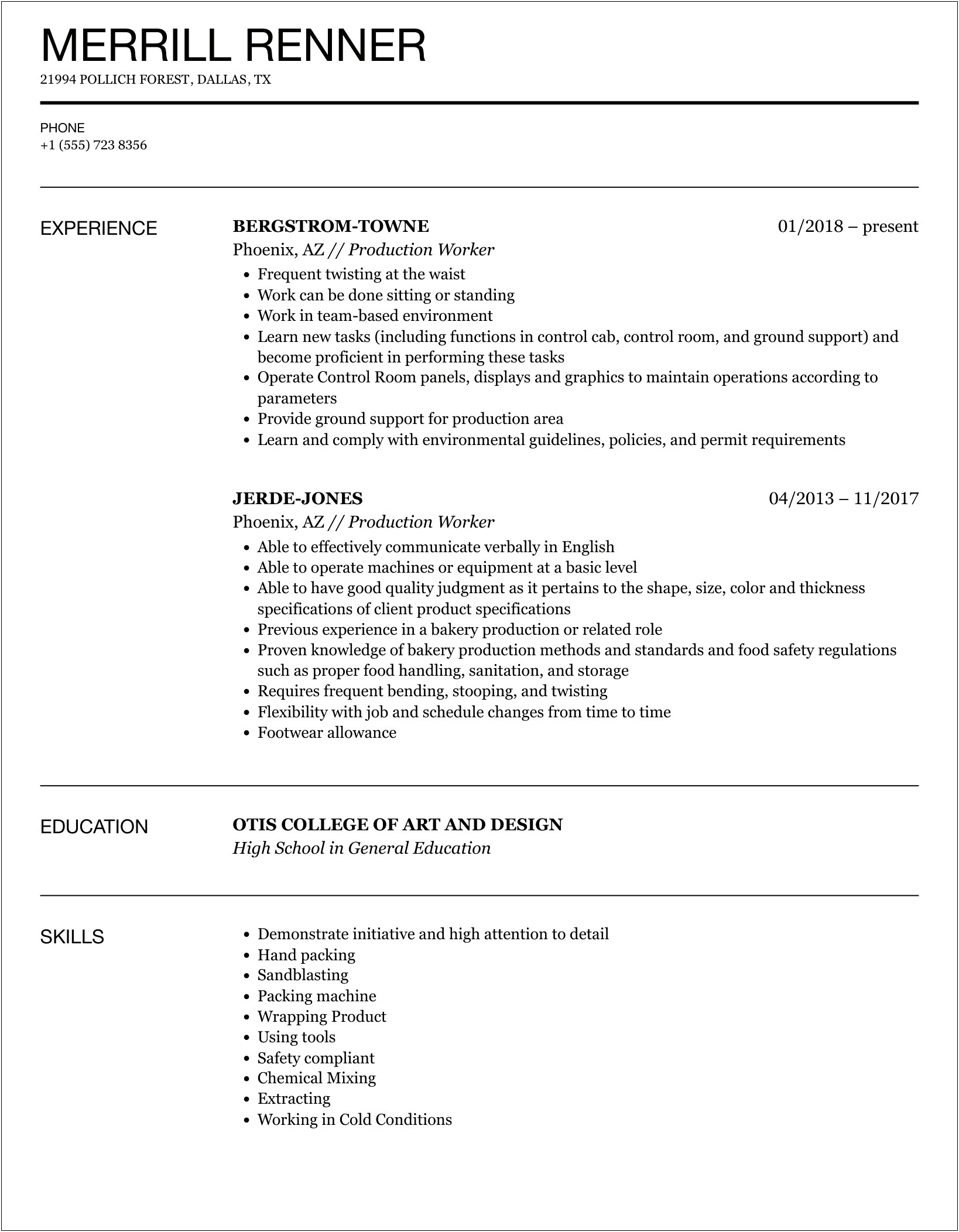 General Labor And Production Worker Resume