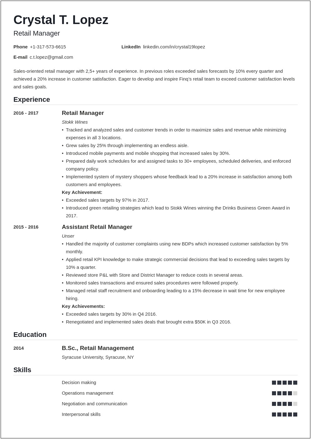 General Manager Of Retail Store Resume