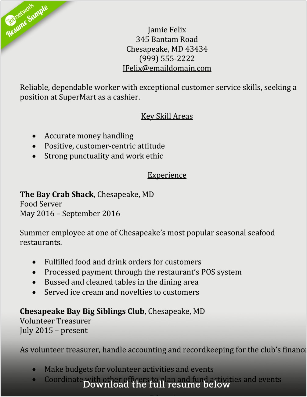 General Resume Objective Examples For Cashier