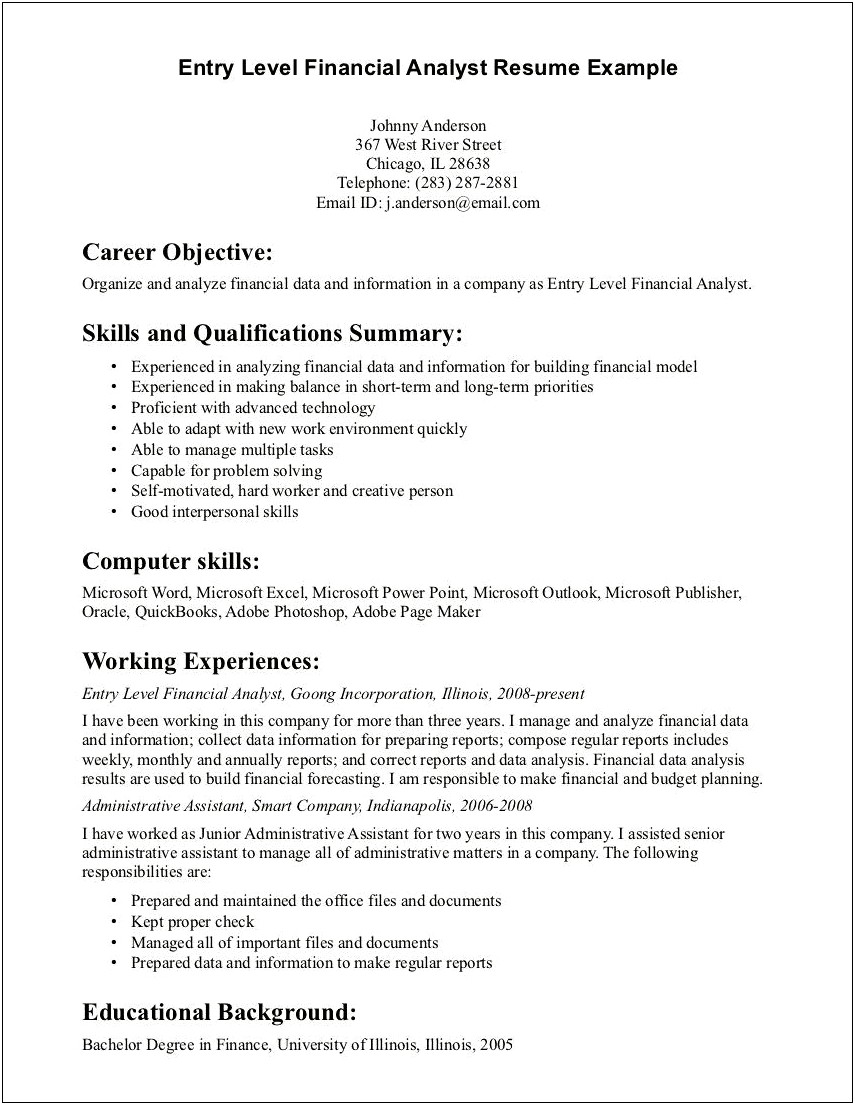 General Resume Objective Examples For Finance Positions