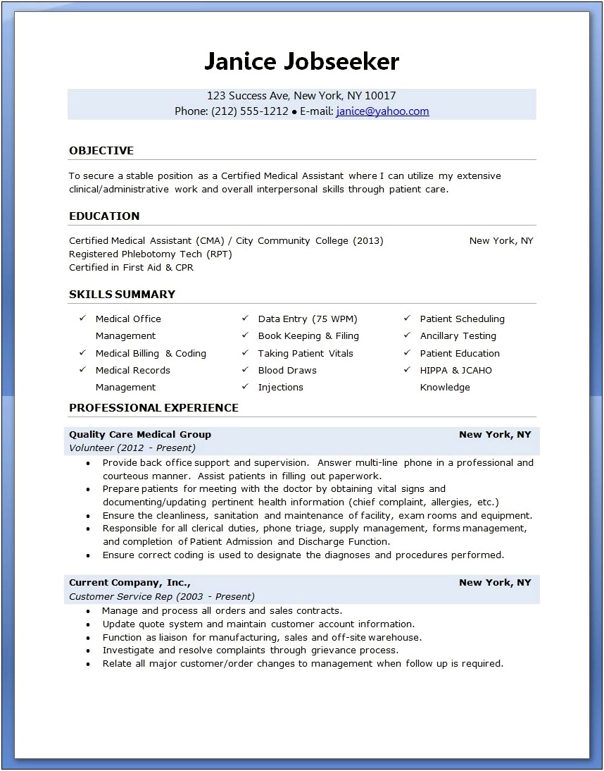 General Resume Objective Examples For Medical Assistant