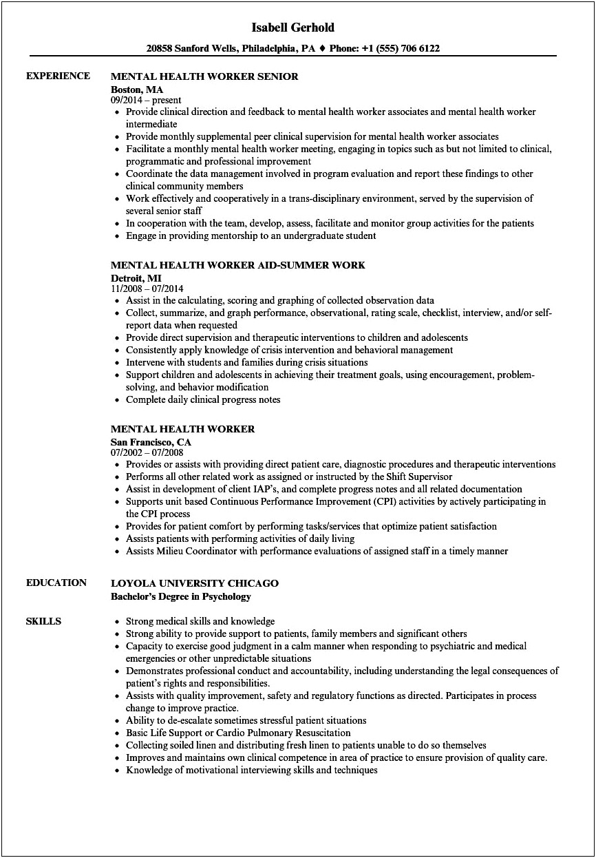 General Resume Objective Examples Mental Health